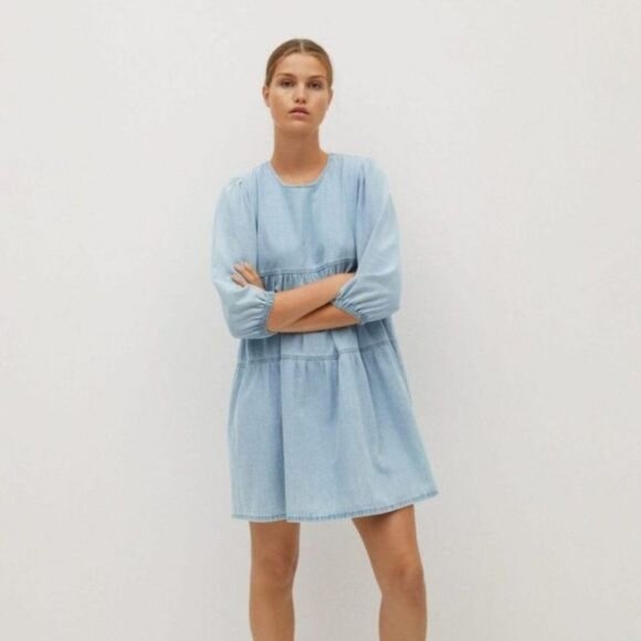 Mango Denim Tiered Smock Cotton Dress with Puff Sleeves in Blue Size 6 - Picture 1 of 11